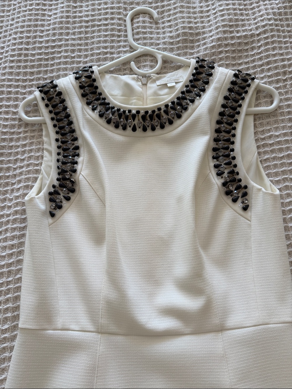 Shoshanna White Sleeveless Mini Dress with Black Beaded Neckline